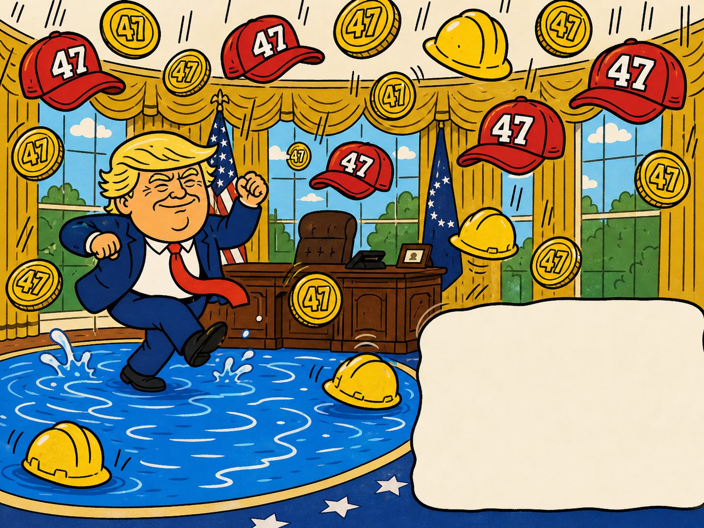 Cartoon Oval Office airdrop scene with hats and coins falling