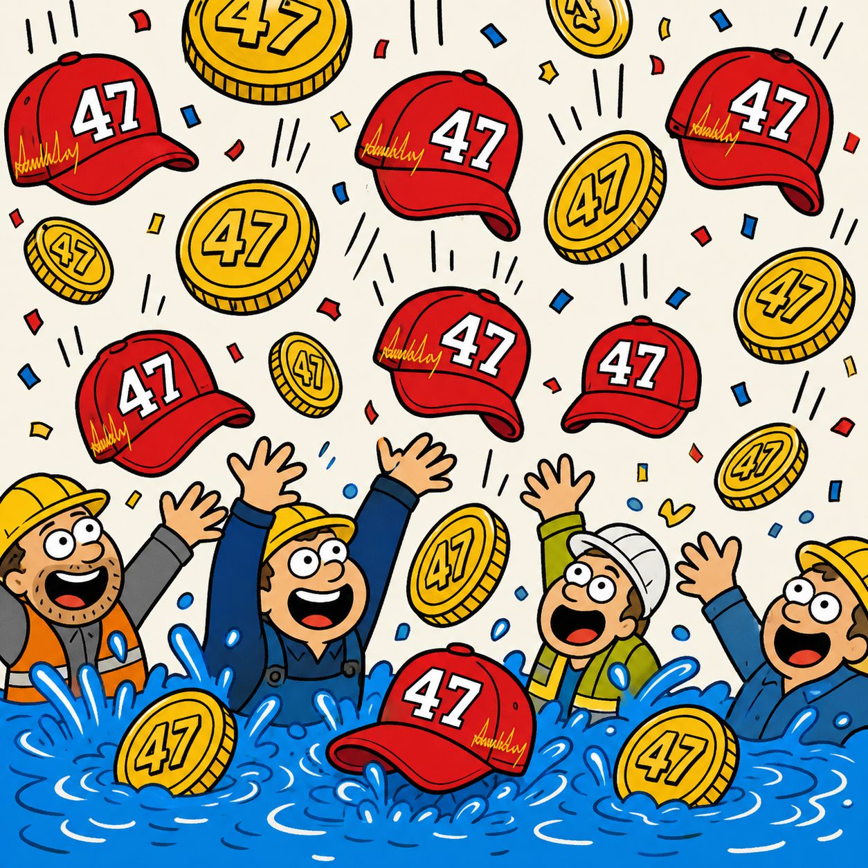 Cartoon red hats and gold coins raining down like an airdrop