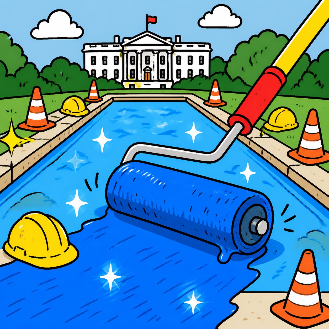 Cartoon construction scene painting the reflecting pool bright blue