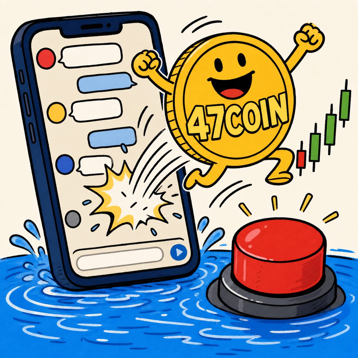 Cartoon phone group chat minting the 47COIN meme