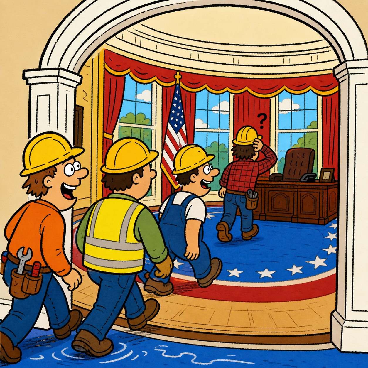 Cartoon hard-hat workers walking into an oval office doorway