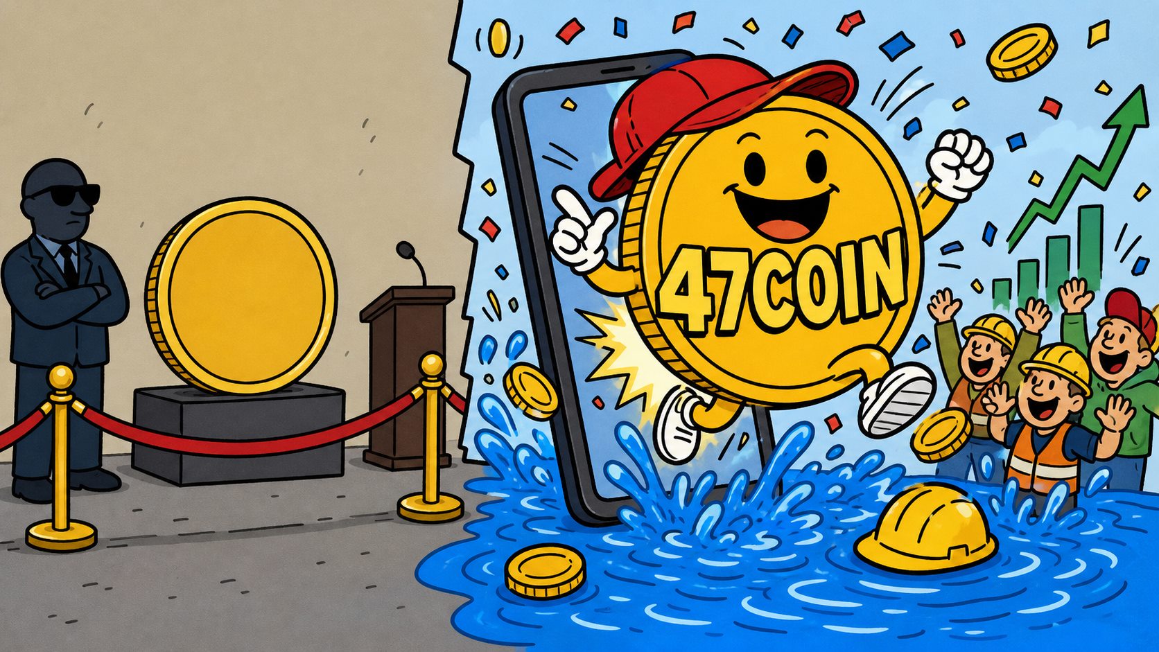 Cartoon contrast between a limited official coin and an unlimited internet 47COIN meme